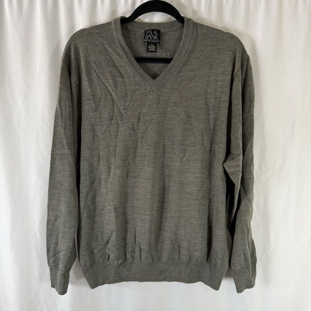 Jos A Bank Wool Blend Sweater Men's Large Grey Vneck Long Sleeve Pullover